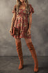 Floral Square Neck Puff Sleeve Open Back Mini Dress